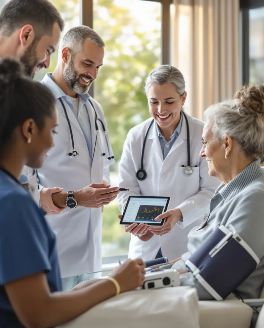 Healthcare team providing comprehensive chronic care management services with patient using remote monitoring devices and digital health technology