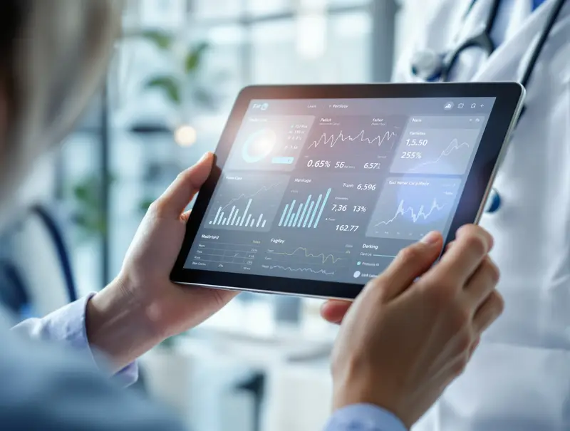Healthcare provider reviewing real-time patient data from remote monitoring system on tablet for chronic disease management