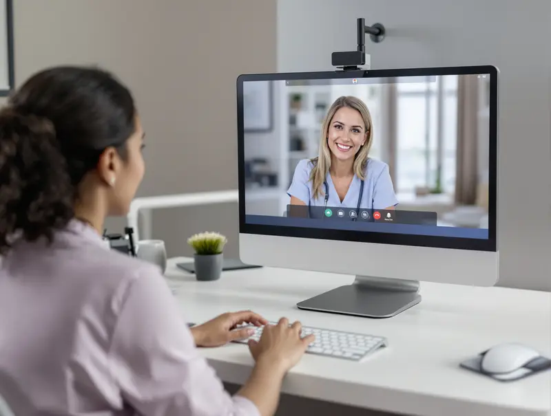 Nurse conducting telehealth video consultation with patient for chronic care management follow-up appointment