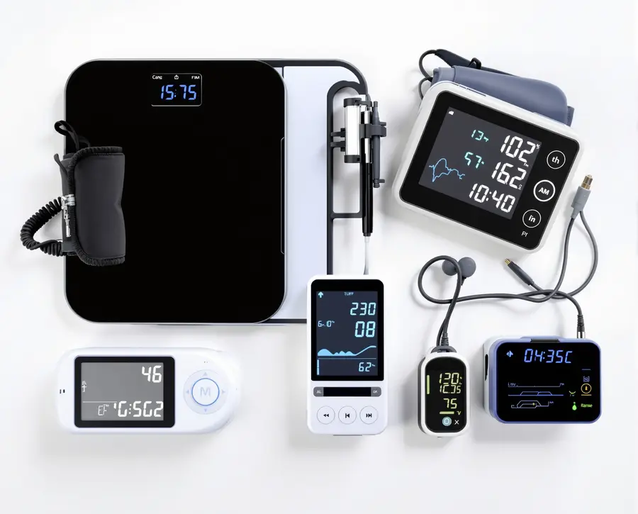 Remote patient monitoring devices including blood pressure monitor glucose meter and digital scale for chronic care management at home
